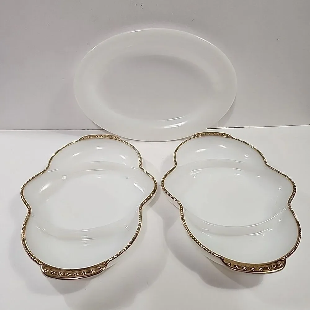 3 Pc Fire King Anchor Hocking (2) Divided Relish Dish Tray Gold Trim (1) Platter